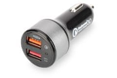 Digitus USB nabíjačka do auta, rýchle nabíjanie 3.0, 2 vstupné porty 12-24V, výstupy: 3-6.5V/3A, 5V/2.4A