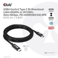 Club 3D Kábel USB4 Gen3x2 Typ C 8K60Hz UHD Power Delivery 240W, (M/M), 300cm (CAC-1579)