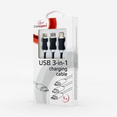 CABLEXPERT Kábel USB A Male/Micro B + Type-C + Lightning, 1m, opletený, čierny, blister