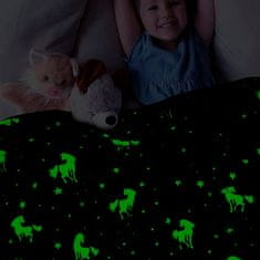 Magická deka, ktorá svieti v tme, s motívom hviezd a jednorožcov, mimoriadne mäkká a teplá, modrej farby, svietiaca deka je skvelý darčekový nápad, 150x100 cm, LuminousBlanket-samorogi