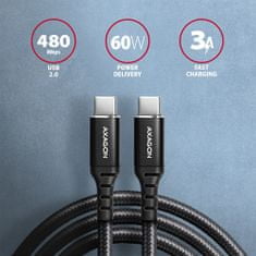 AXAGON kábel USB-C - USB-C, USB 2.0, PD 60W 3A, ALU, opletený, 3m, čierna